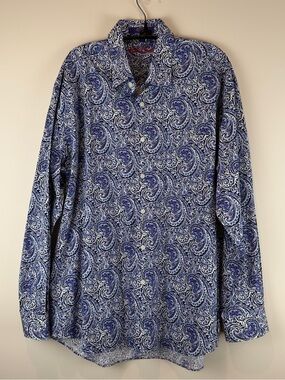 Alan Flusser Blue and White Paisley Button-Up Blouse Size Large